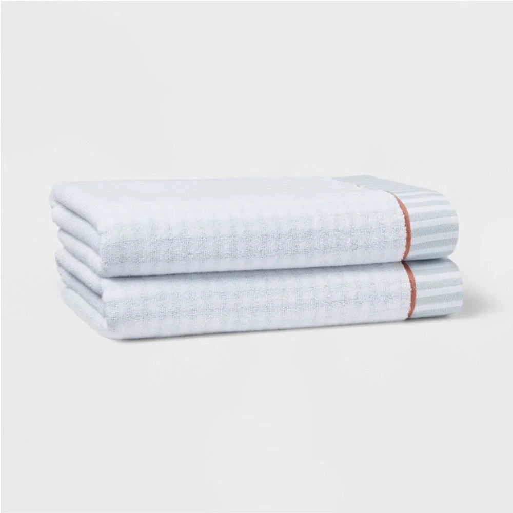 THRESHOLD NWT 2pc traditional gingham plaid bath towels -blue/white